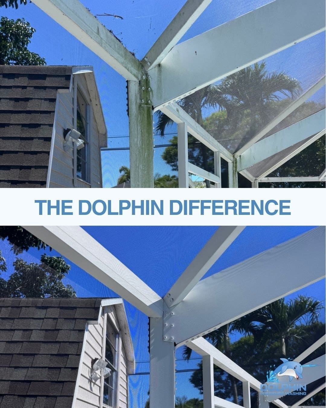 Before and after of a pool cage frame soft washed in Naples