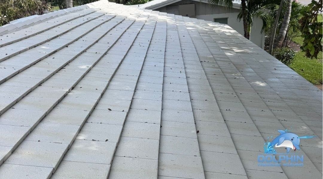 Before and after of a flat tile roof soft washed in Naples, after