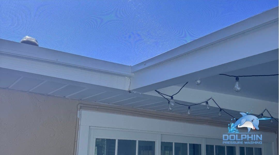 Before and after of a pool cage roof screen cleaned, after