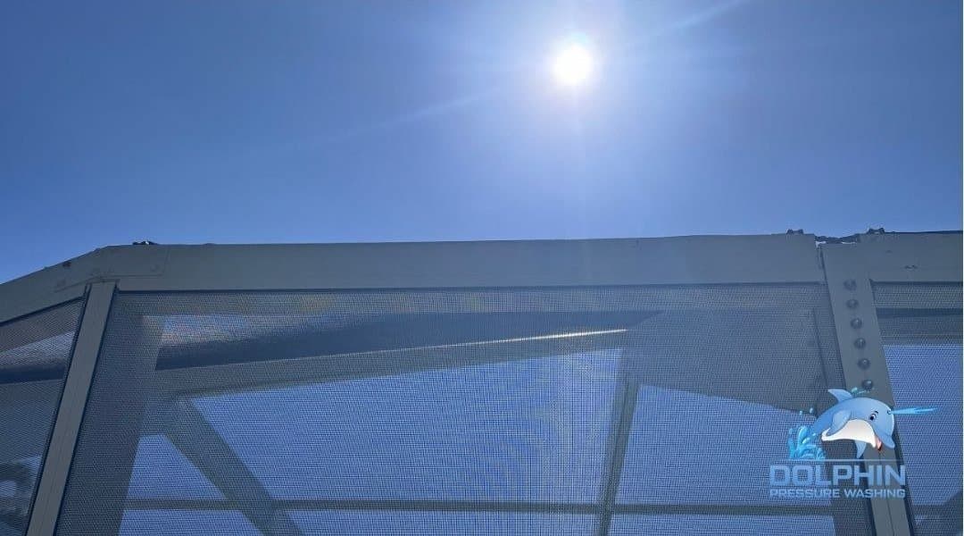 Before and after of pool cage screen panels soft washed, after
