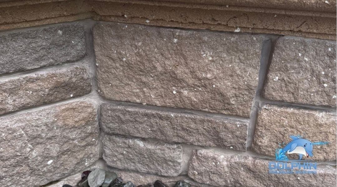 Before and after of a stone wall with the mildew washed off, after