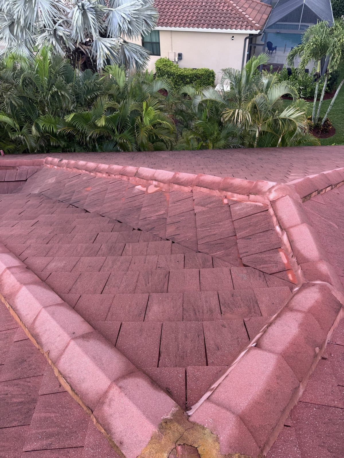 Red tile roof corner mid wash with the dirty edge still showing