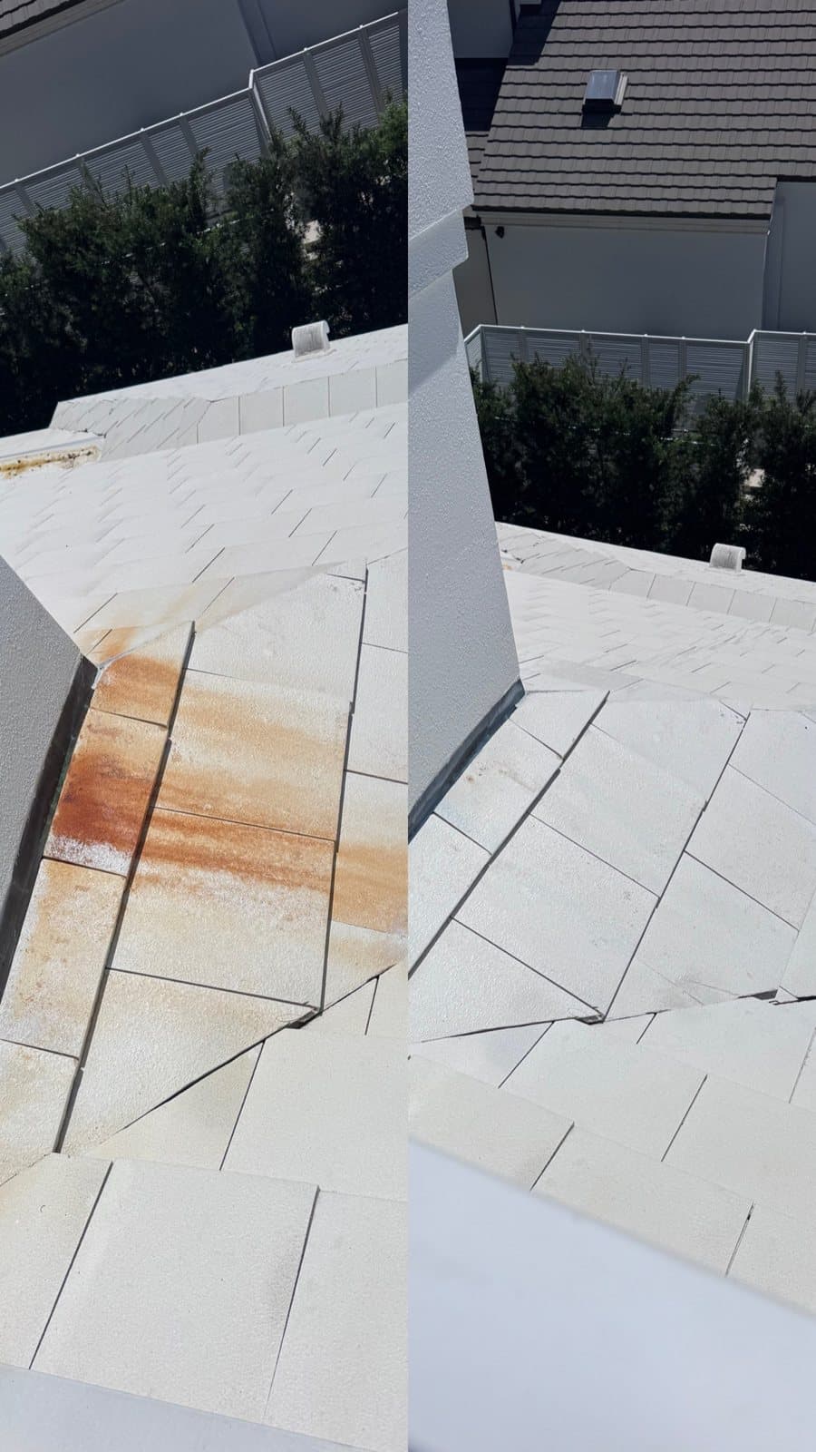 Orange rust streak running down a white wall from a sprinkler head